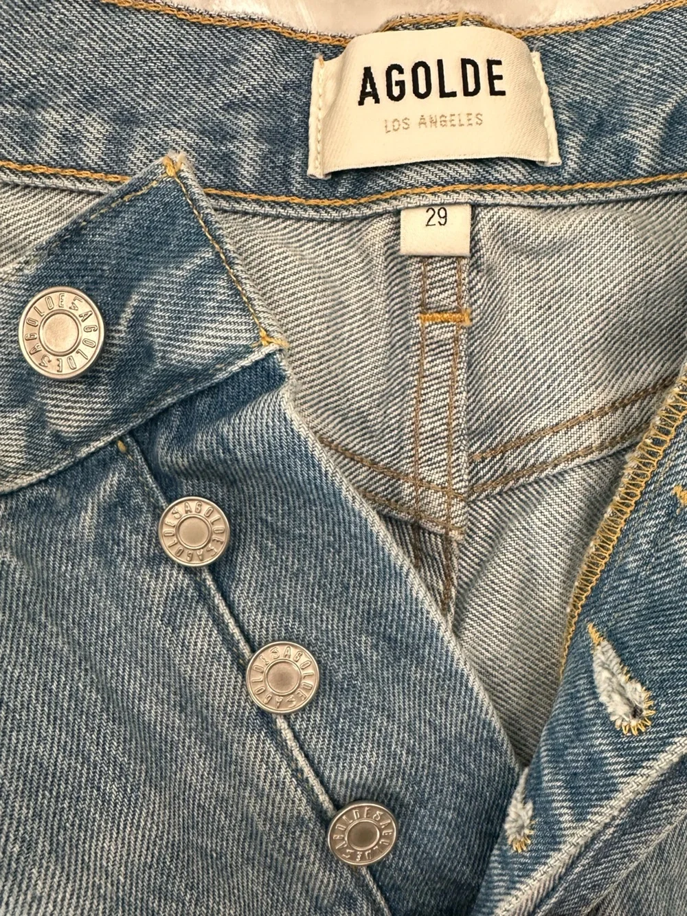 Agolde Parker Long, Light Blue Frayed Hem Distressed Denim Short